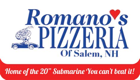 Romanos pizza salem nh - Romano's Pizzeria Menu Salem NH 03079 154 Main St, Salem, NH, 03079 (603) 898-0788 (Call) Get Direction Website $$$ Price Range ; 🕝 Sep 16, 2021 Menu ; Appetizers; 20 Pieces ...